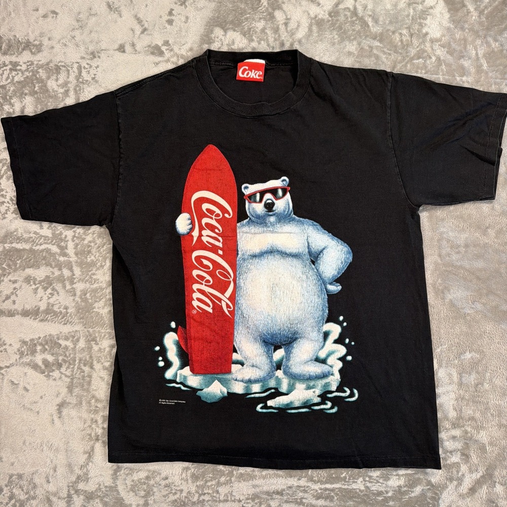 Coca-Cola Vintage 90s Surf Board Polar Bear Single Stitch Black T-Shirt Size L